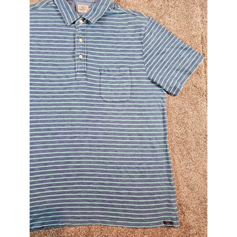 Faherty Brand Mens Large Indigo Dyed Striped Short Sleeve Polo Shirt Blue Green - Picture 3 of 15